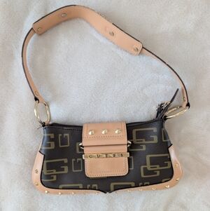 Y2K GUESS Brown Logo Mini Bag with Tan Trim and Gold Hardwarey